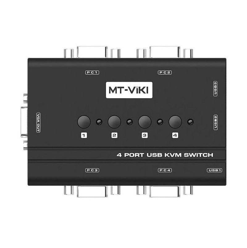 Black 4-port USB KVM switch with MT-VIKI branding on a white background