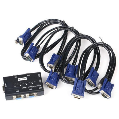 Set of VGA cables with connectors and a switch on a white background