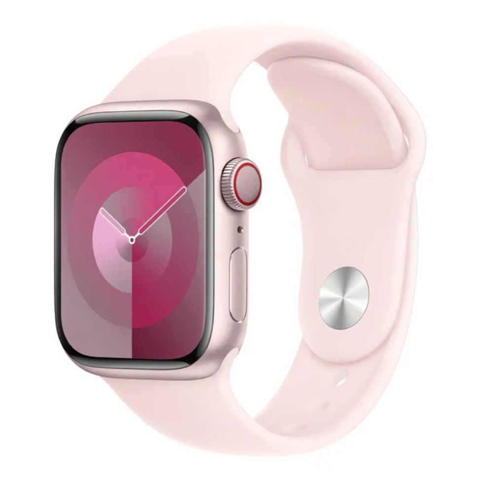 Apple Watch with light pink band on wrist