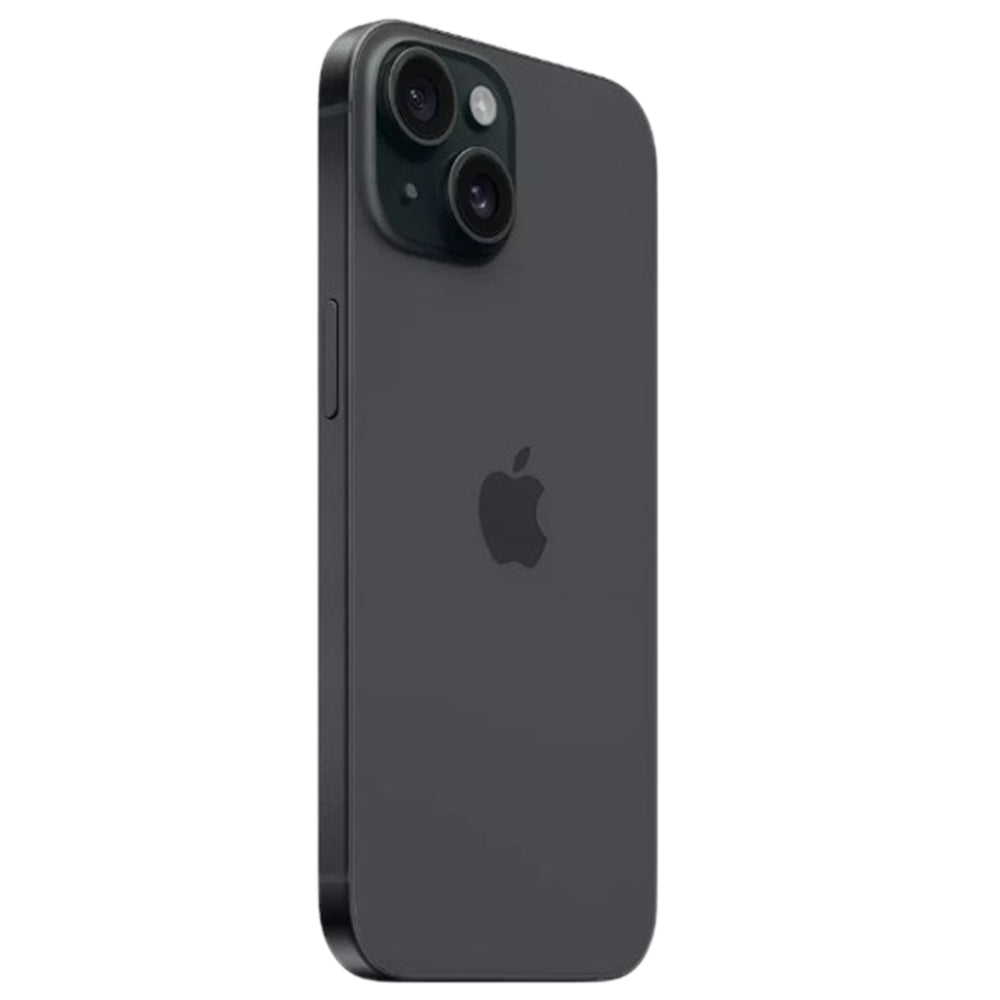 iPhone 15 Black rear view showing 48MP dual camera system