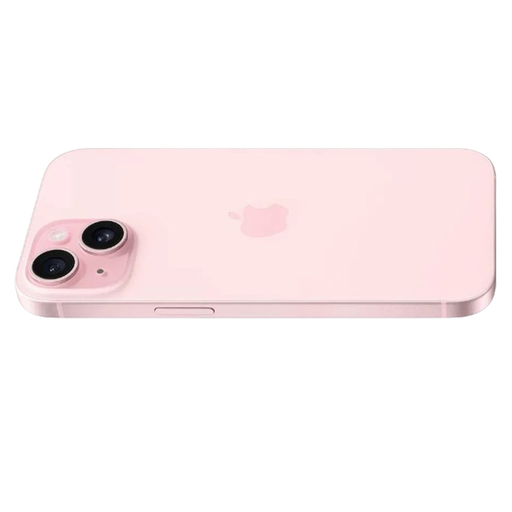 iPhone 15 Pink rear view showing 48MP dual camera system