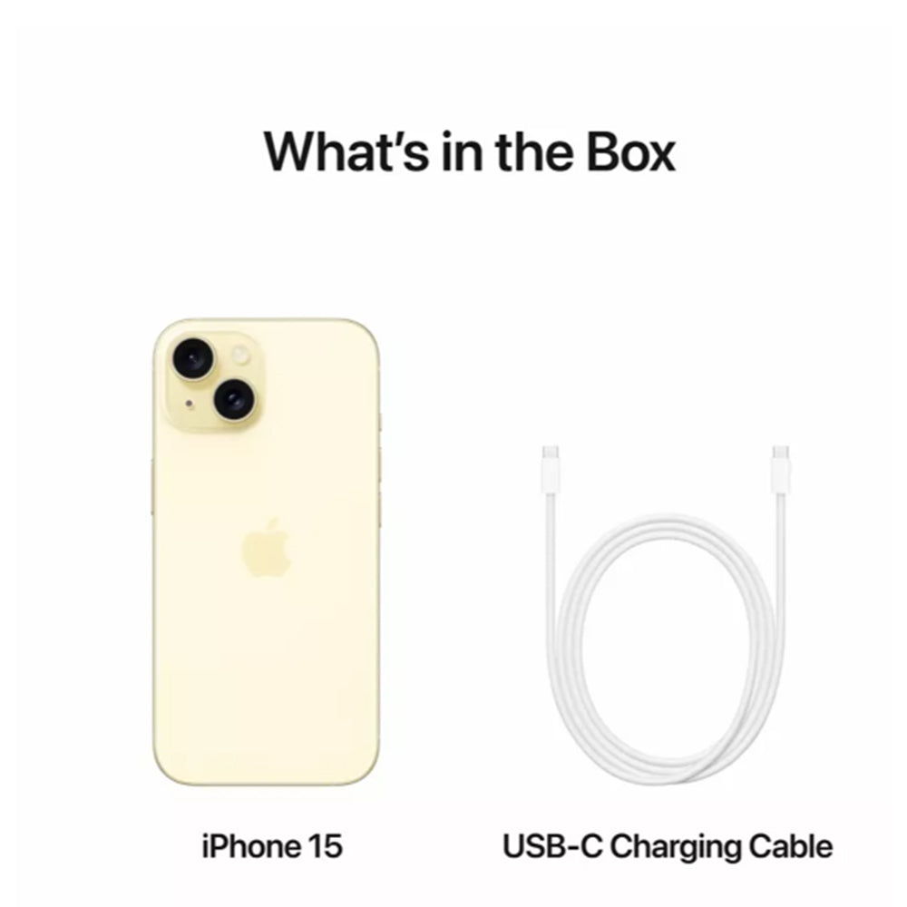 iPhone 15 Yellow box contents with USB-C cable