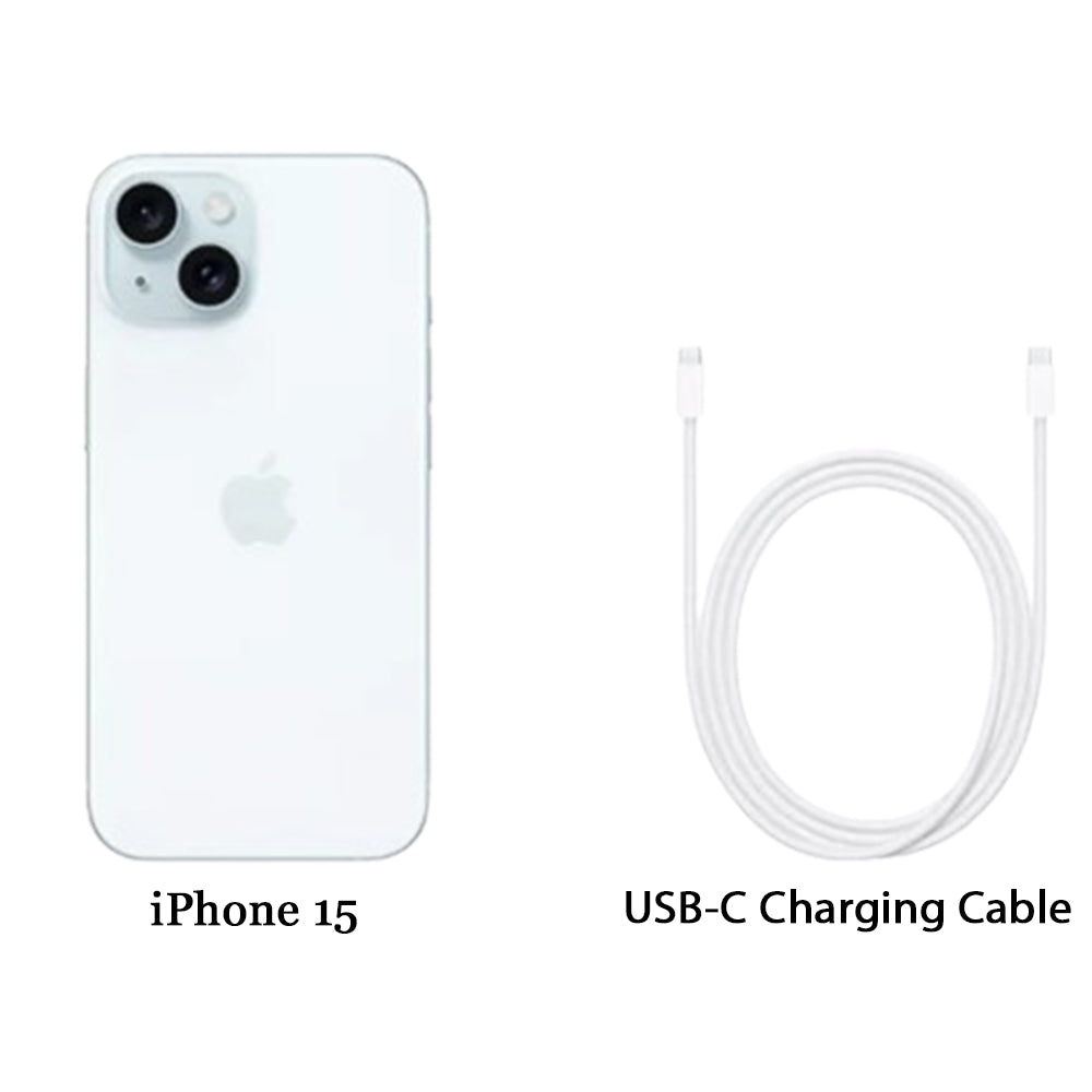 iPhone 15 Blue rear view with dual camera and 48MP lens
