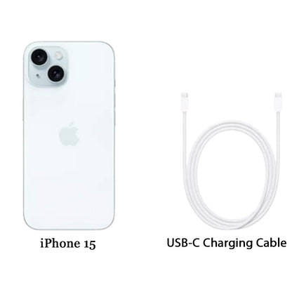 iPhone 15 Blue rear view with dual camera and 48MP lens