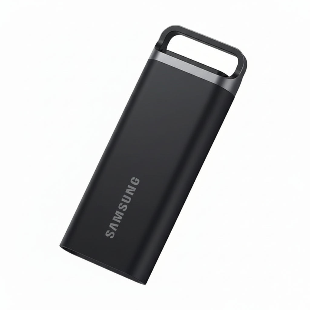 Samsung T5 EVO 2TB portable SSD front view on gray background.

