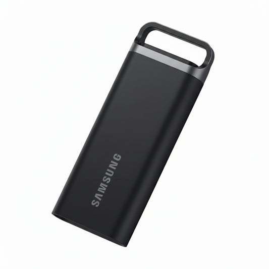 Samsung T5 EVO 2TB portable SSD front view on gray background.


