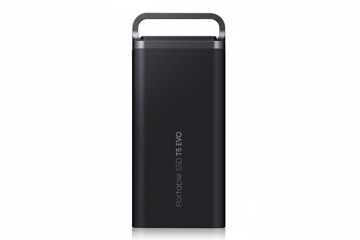 Black Samsung T5 EVO external SSD with rounded design and branding.

