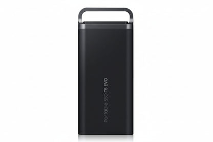 Black Samsung T5 EVO external SSD with rounded design and branding.

