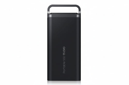 Black Samsung T5 EVO external SSD with rounded design and branding.

