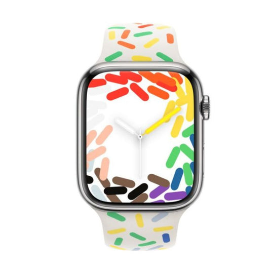 Close-up of rainbow-colored fluoroelastomer sport band