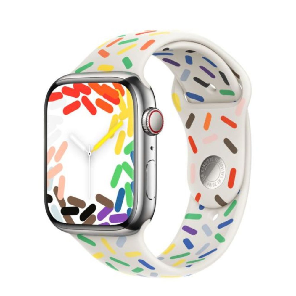 Apple Watch with Pride band worn on wrist (M/L size)
