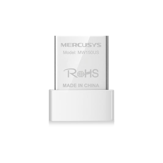 Close-up front view of the Mercusys MW150US 150 showing compact silver design with ROHS marking.