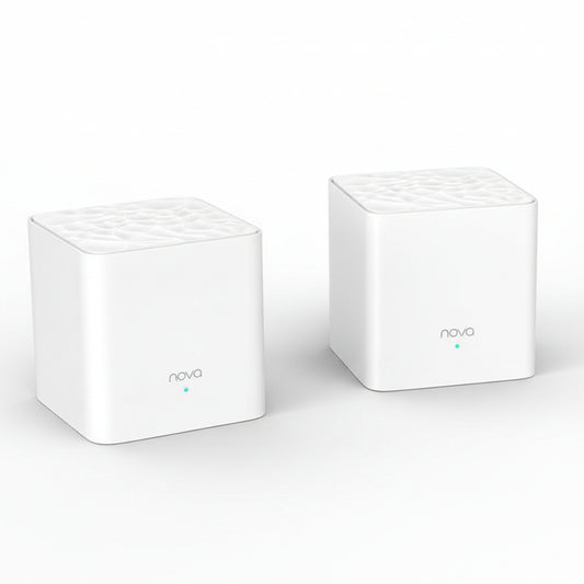 Front view of a Tenda Nova MW3 AC1200 mesh WiFi node (cube design).

