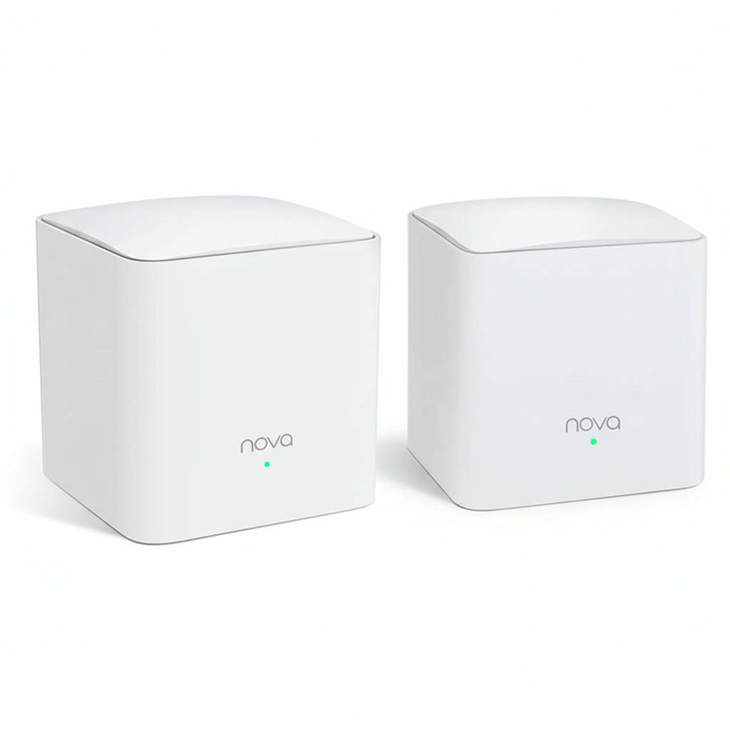 Front view of the Tenda Nova MW5C AC1200 mesh WiFi node.

