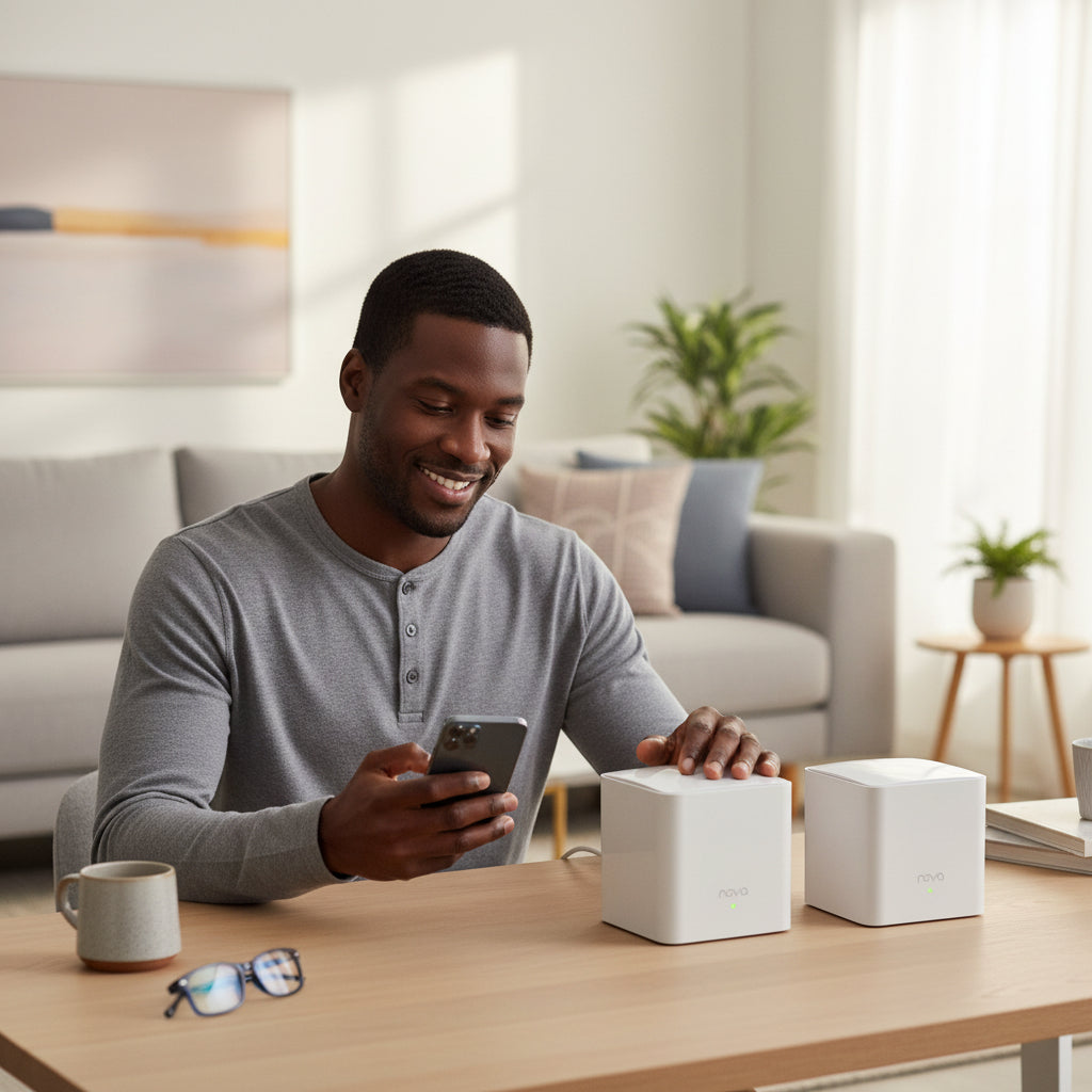 Context image of the mesh system installed in a large house with multiple connected devices.

