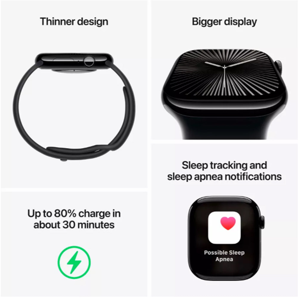 Apple Watch Series 10 GPS Jet Black showing ECG app and fitness tracking