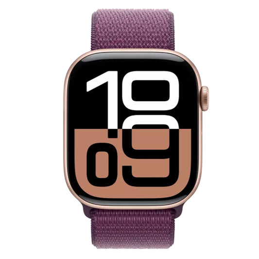 Apple Watch Series 10 with Plum Sport Loop angled view