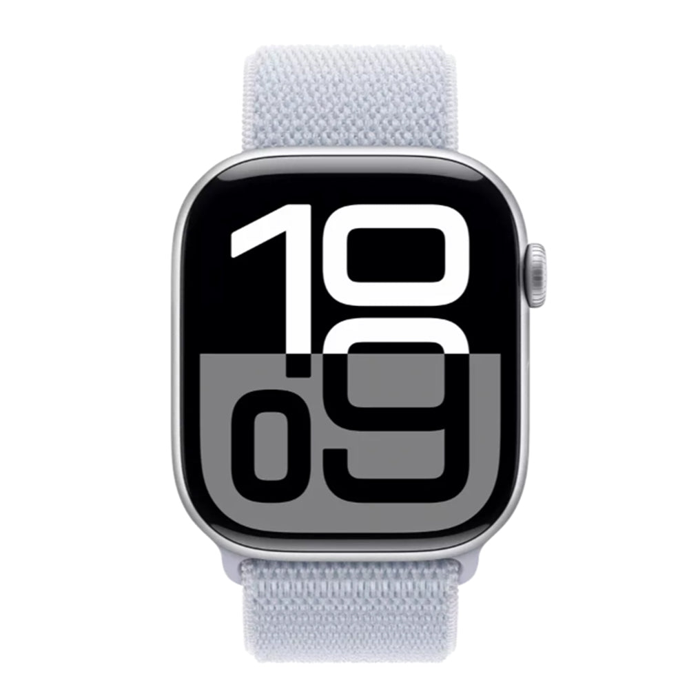 Apple Watch Series 10 with Blue Cloud Sport Loop angled view