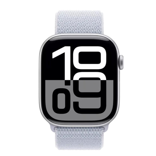 Apple Watch Series 10 with Blue Cloud Sport Loop angled view