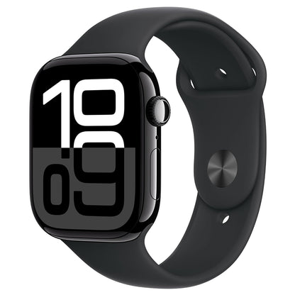 Front view of Apple Watch Series 10 GPS 46mm Jet Black Aluminium with Black Sport Band