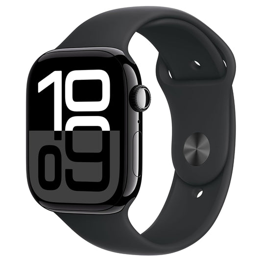 Front view of Apple Watch Series 10 GPS 46mm Jet Black Aluminium with Black Sport Band
