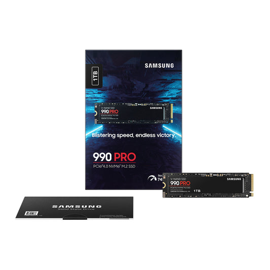 Front view of the Samsung 990 PRO 1TB PCIe 4.0 M.2 SSD.

