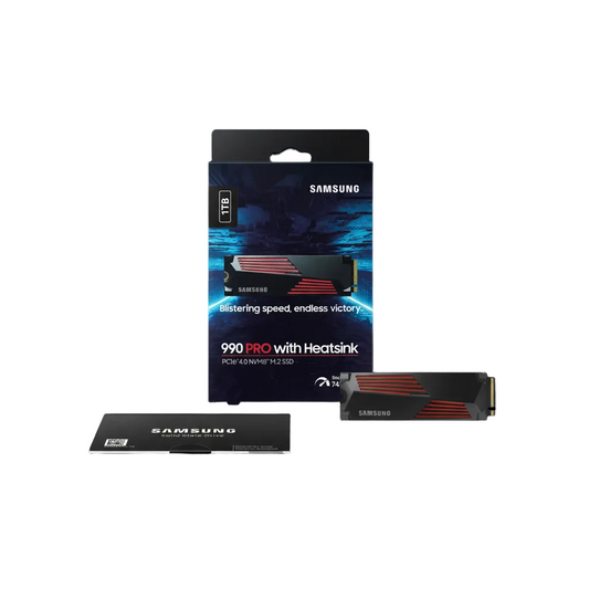 Front view of the Samsung 990 PRO 1TB SSD with its integrated heatsink.

