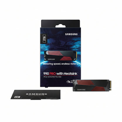 Front view of the Samsung 990 PRO 2TB SSD with integrated heatsink.

