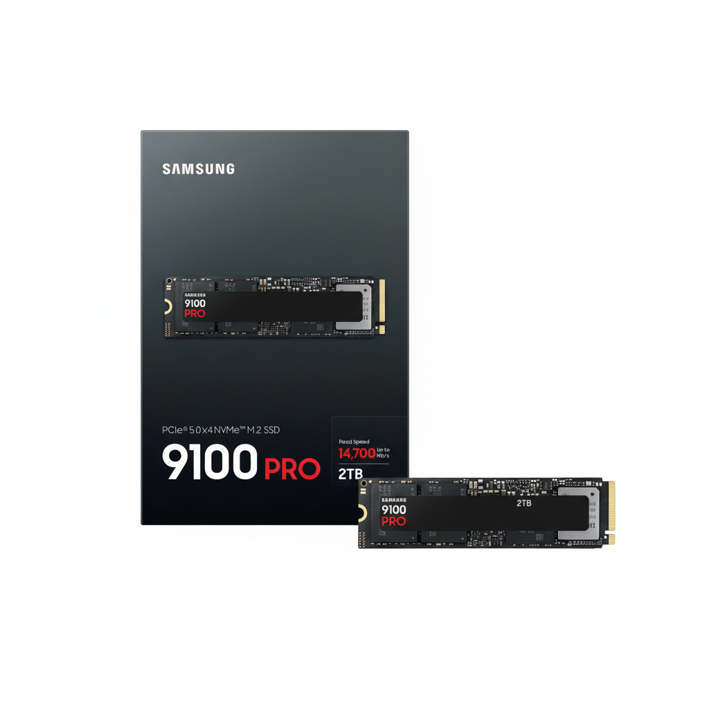 Front view of the Samsung 9100 PRO 2TB PCIe 5.0 M.2 SSD.

