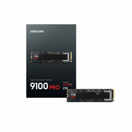 Front view of the Samsung 9100 PRO 2TB PCIe 5.0 M.2 SSD.

