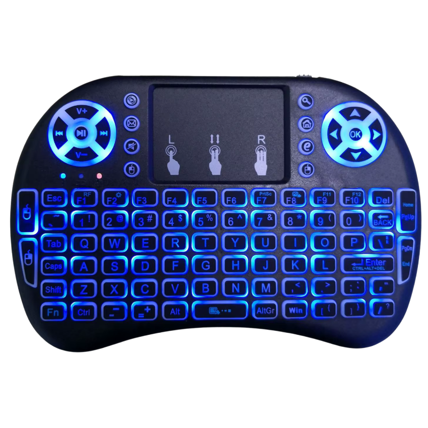 Black and blue wireless keyboard with touchpad on a white background