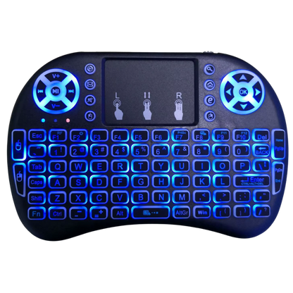 Black and blue wireless keyboard with touchpad on a white background
