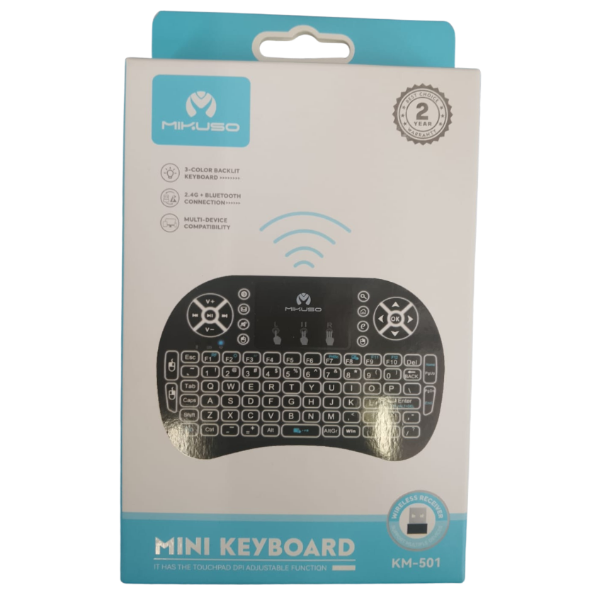 Mikuso mini keyboard packaging with keyboard illustration on a white background