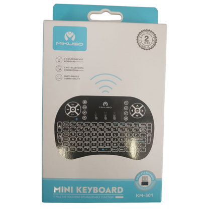 Mikuso mini keyboard packaging with keyboard illustration on a white background