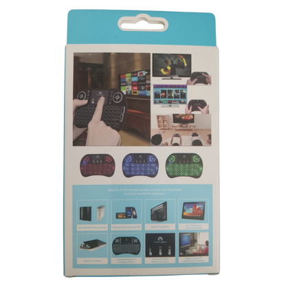 Package of a wireless keyboard with images of its use on a white background