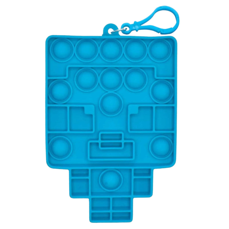 Blue Minecraft Steve pop-it fidget toy with a keychain on a white background