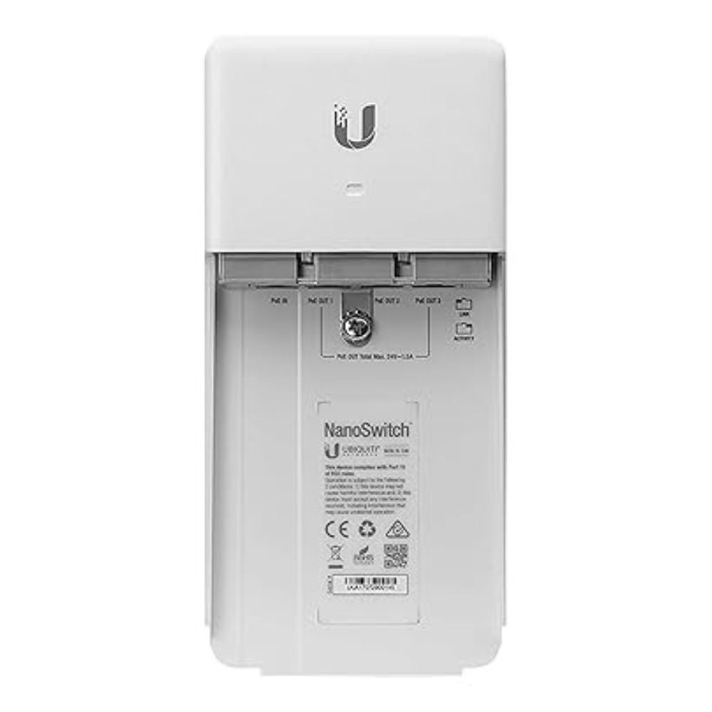 Compact Ubiquiti N-SW switch mounted on outdoor pole