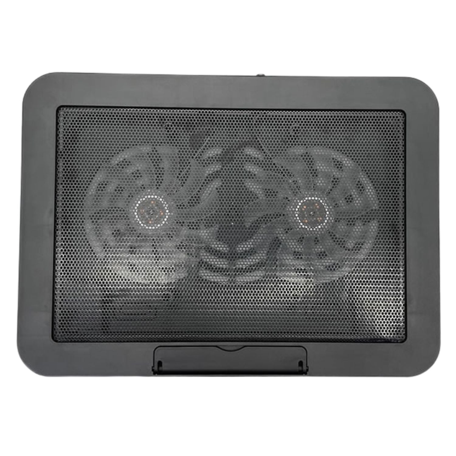 Top view of a black laptop cooling pad with dual fans on a white background