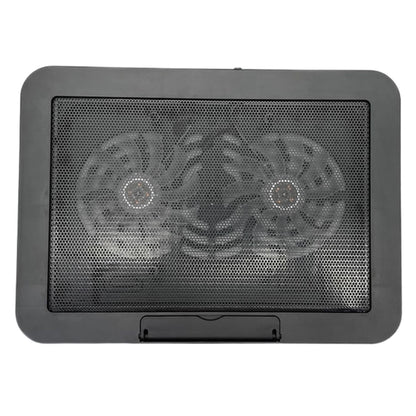 Top view of a black laptop cooling pad with dual fans on a white background