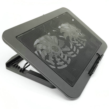 Black laptop cooling pad with mesh design on a white background