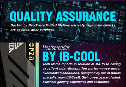 Advertisement for a heatspreader with IB-Cool branding and quality assurance information.