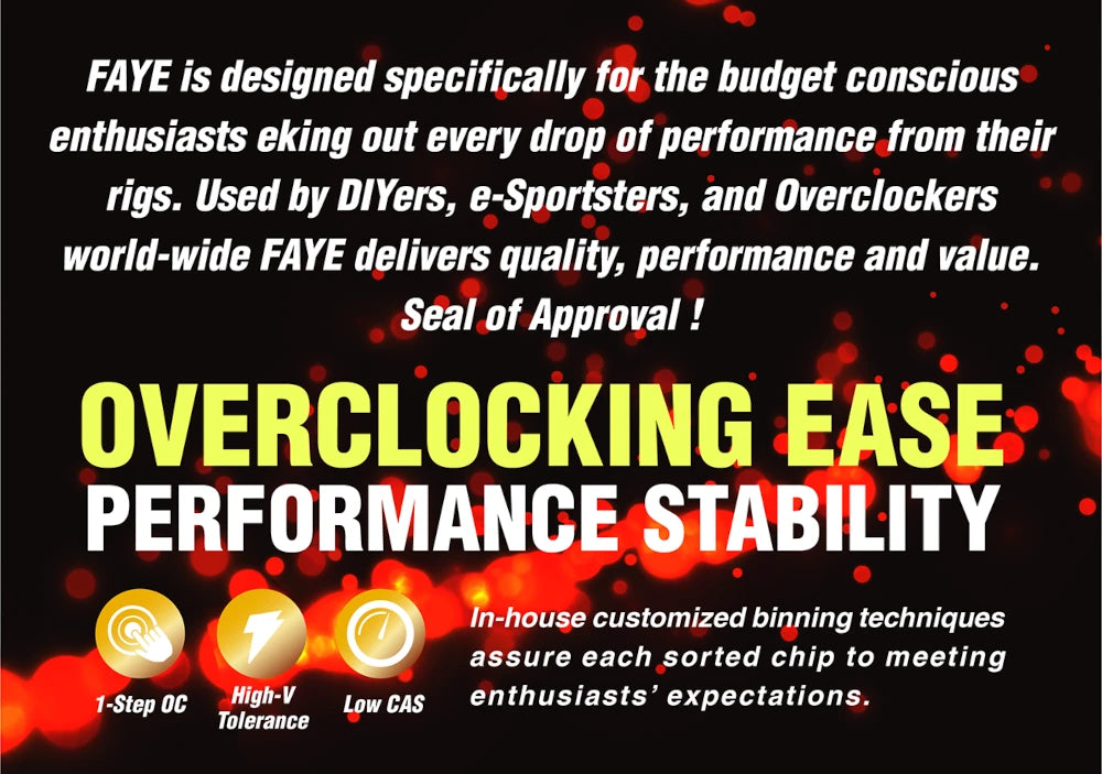 Advertisement for FAYE product highlighting overclocking ease, performance, and stability on a black background with red and yellow text.