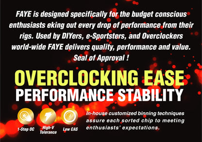 Advertisement for FAYE product highlighting overclocking ease, performance, and stability on a black background with red and yellow text.