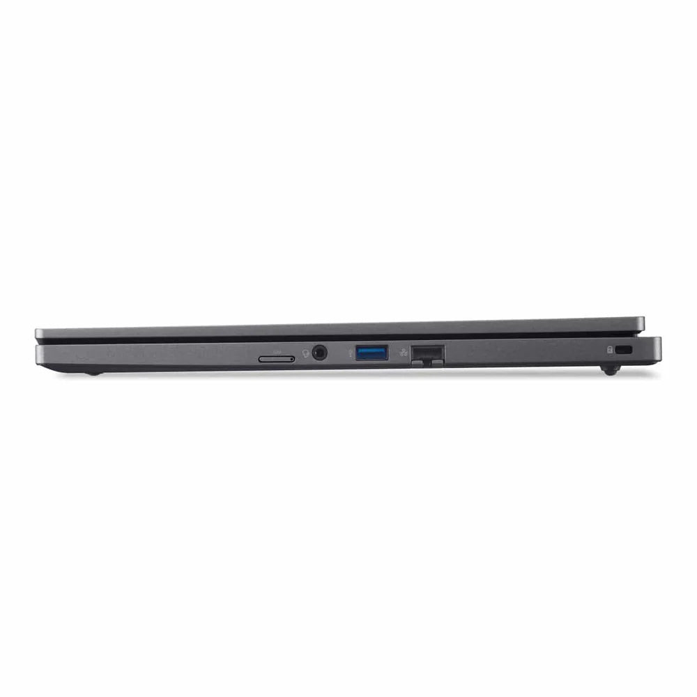 Side view of the Acer TravelMate P2 16" WUXGA Laptop showing the security lock, Aux, RJ45, MicroSD and a USB-A port.