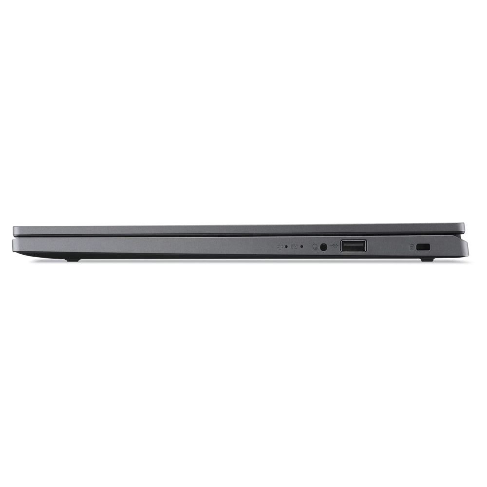 Side view of the Acer Extensa EX215-54 15.6" FHD Laptop showing the USB-A and AUX port, security lock port and the led indicators. 