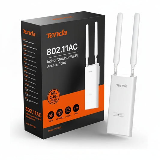 Tenda OAP1200 AC1200 dual-band outdoor Wi-Fi access point mounted on an exterior wall.

