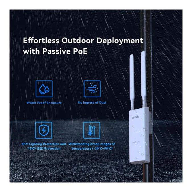 Front view of the Tenda OAP1200 showing the white weatherproof enclosure.

