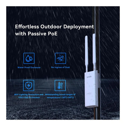 Front view of the Tenda OAP1200 showing the white weatherproof enclosure.

