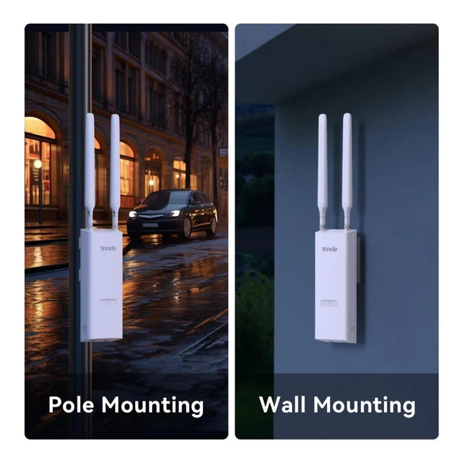 Tenda OAP1200 access point installed on a pole in an outdoor setting.

