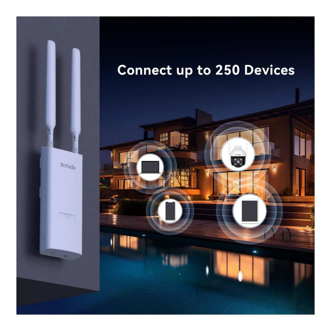 Tenda OAP1200 mounted in a warehouse environment providing wireless coverage.


